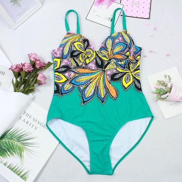 Sexy One Piece Swimsuit Closed Push Up Womens Floral TEAL Vintage Style Body NEW - Picture 2 of 5